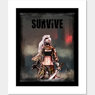 Apocalypse Girl gas mask  with katana sword and machete : Survive quote t-shirt Posters and Art